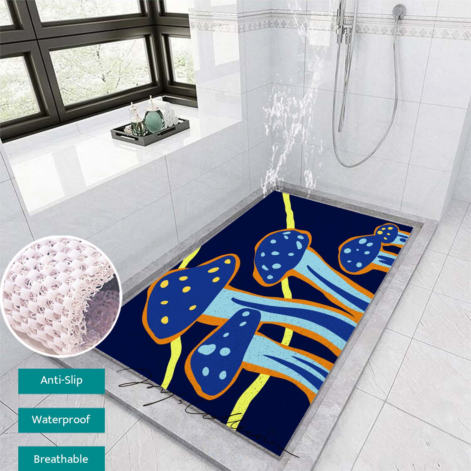 Feblilac Dark Blue Mushroom PVC Coil Bathtub Mat and Shower Mat