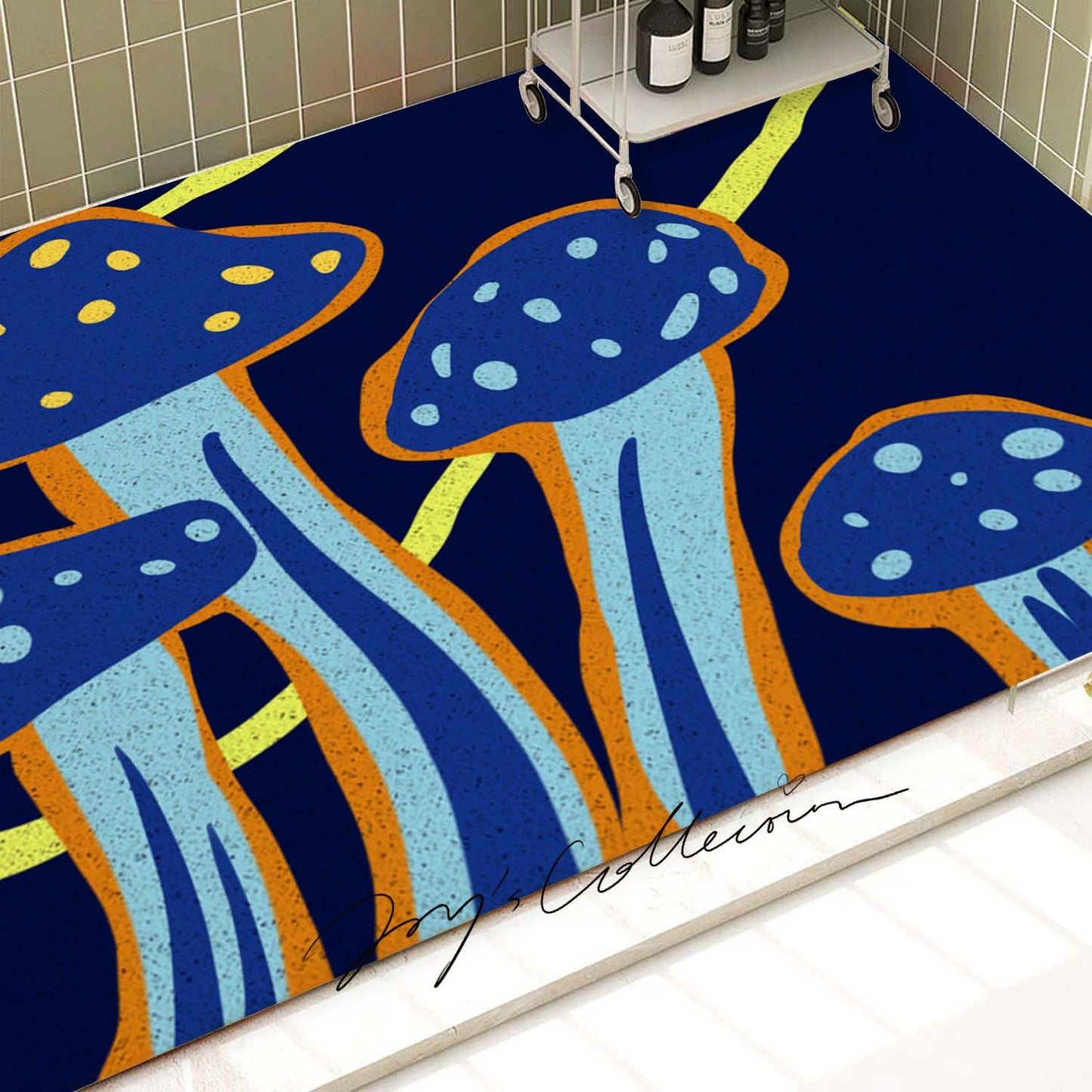 Feblilac Dark Blue Mushroom PVC Coil Bathtub Mat and Shower Mat