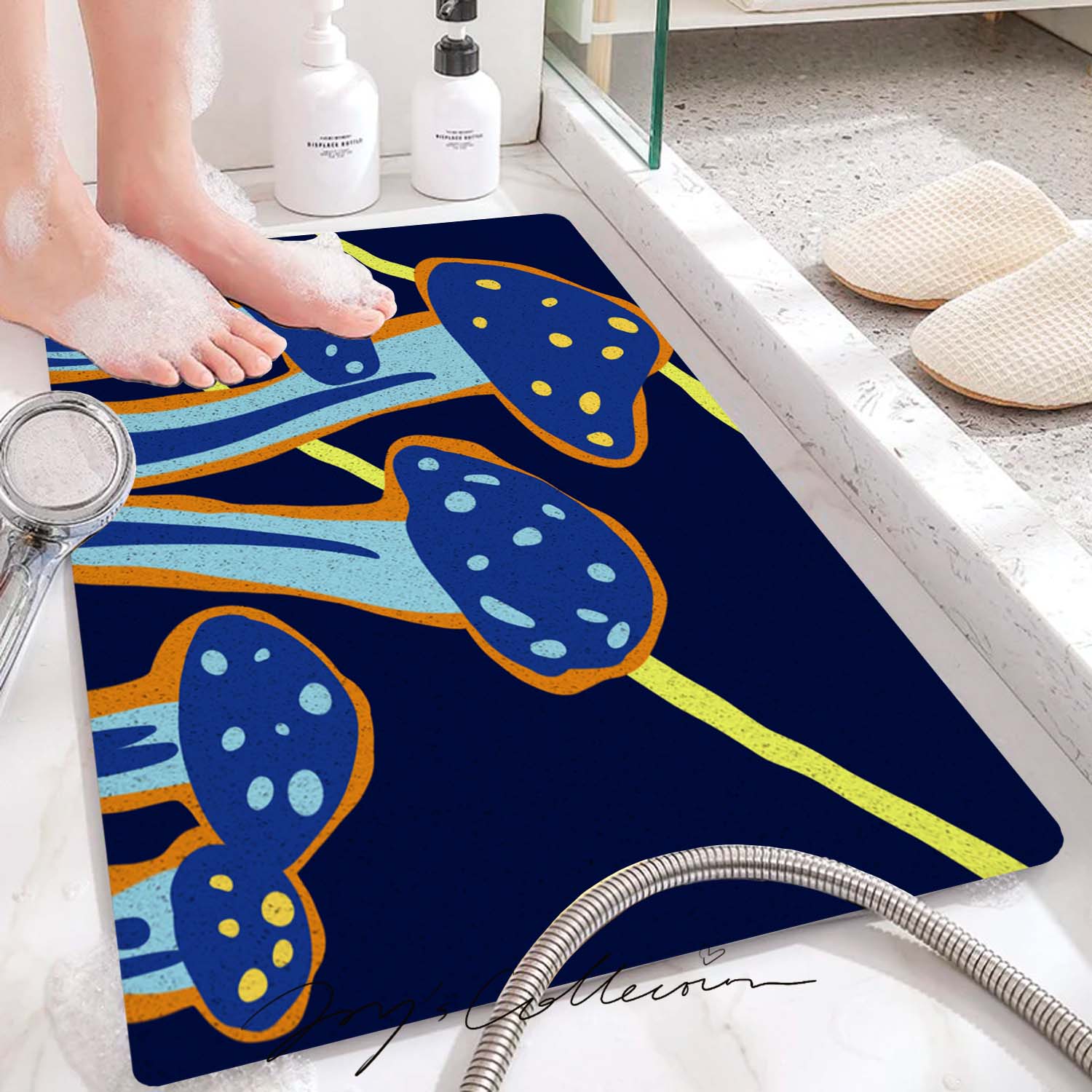Feblilac Dark Blue Mushroom PVC Coil Bathtub Mat and Shower Mat
