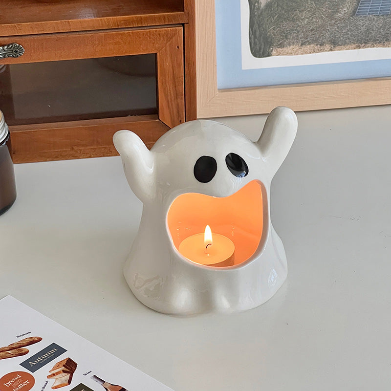 Feblilac Cute Ghost Ceramic Candle Holder Ornament Dining Table Scented Candle Holder Halloween Photo Decoration Props