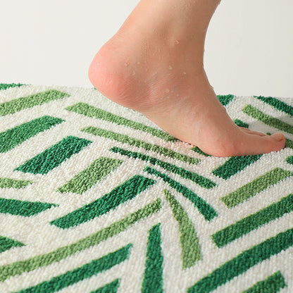Feblilac Abstract Green Lines Bath Mat, Modern Leaves Art Rug for Bathroom
