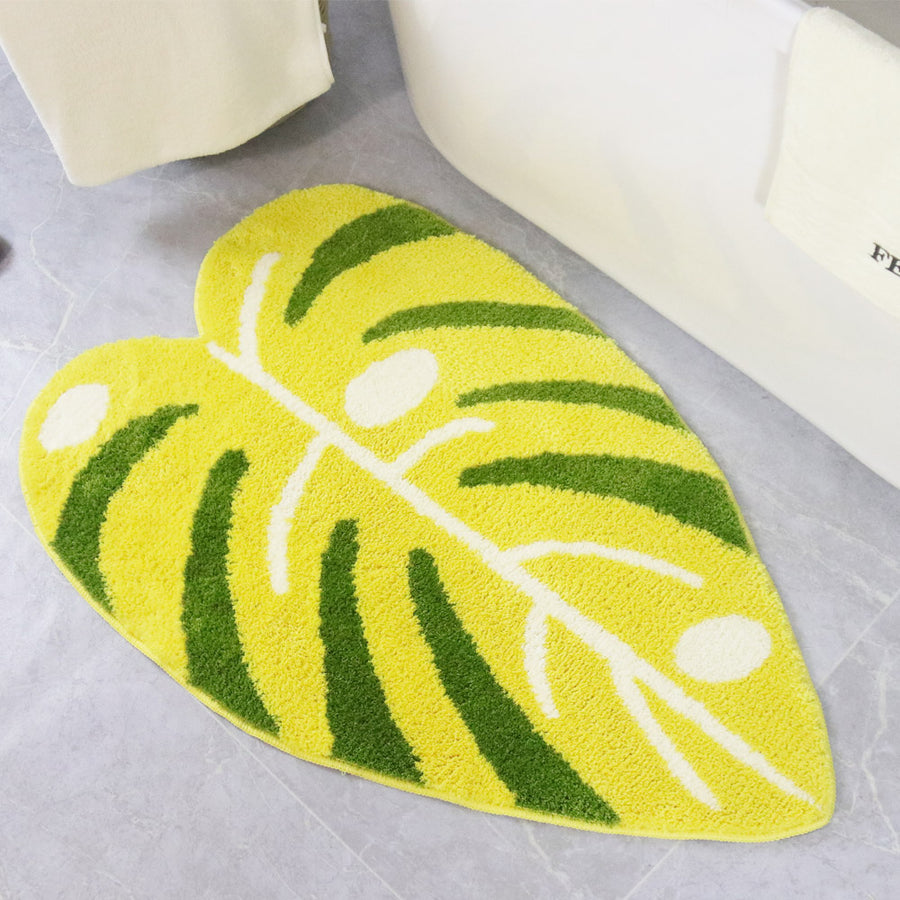 Feblilac Soft Yellow and Green Leaves Bathroom Rug, Heart-Shape Mat, Gift Idea - view 2