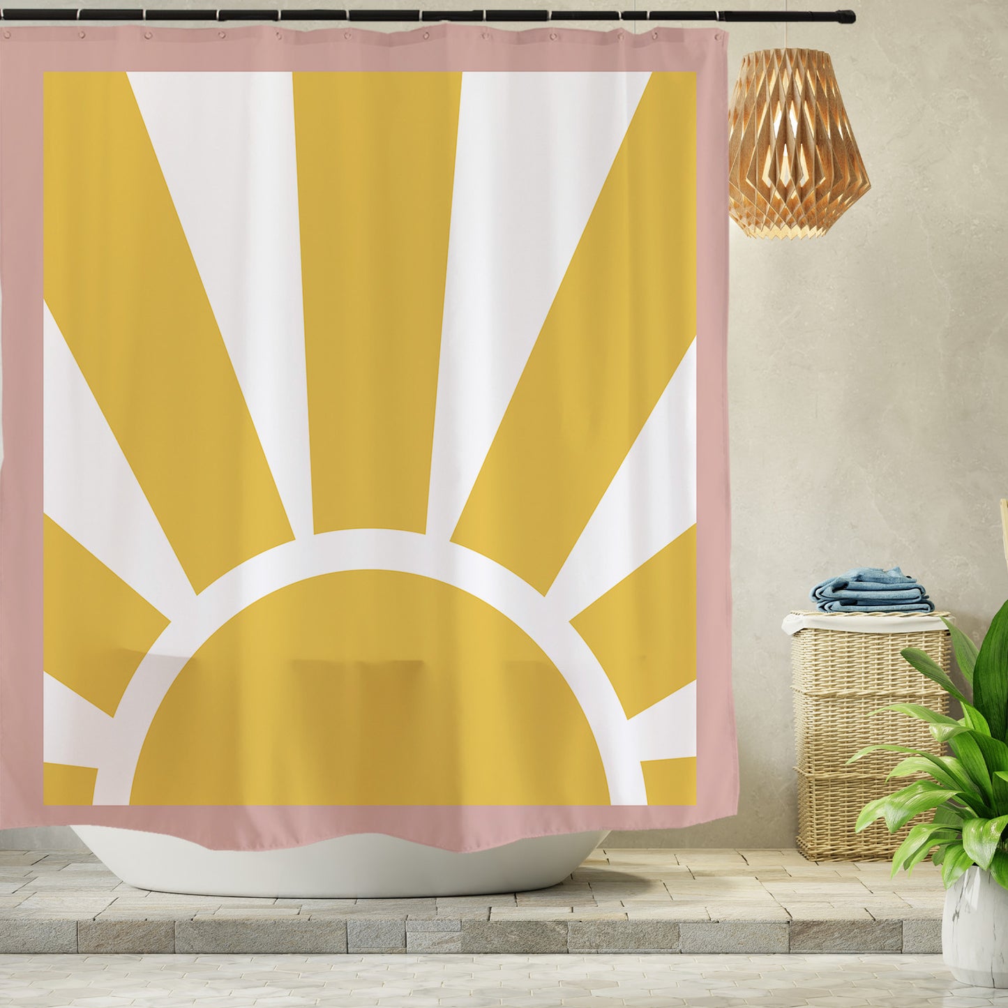 Feblilac Gold Sunrise Shower Curtain with Hooks, Yellow Sunshine Curtain for Bathroom