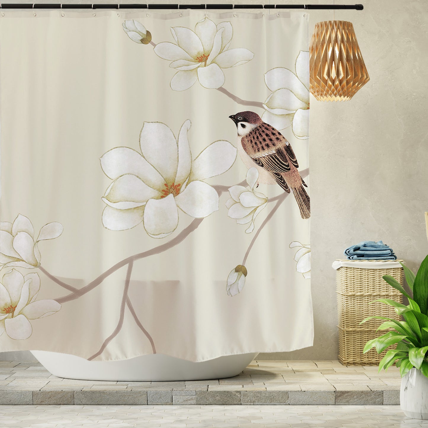 Feblilac Sparrow Magnolia Flower Shower Curtain with Hooks