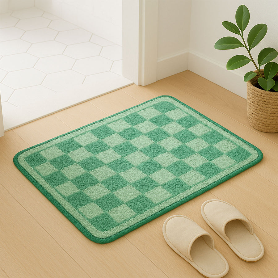 Feblilac Green Checkerboard Tufted Rug – Minimalist Non-Slip Bath Mat - view 3