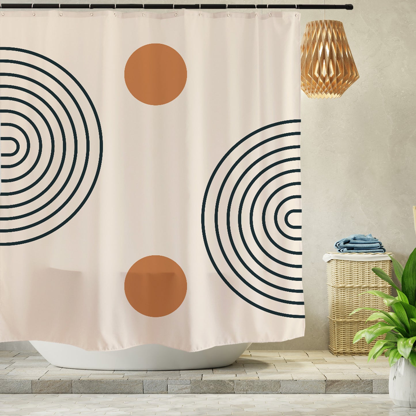 Feblilac Beige Background Semicircle Lines Shower Curtain with Hooks