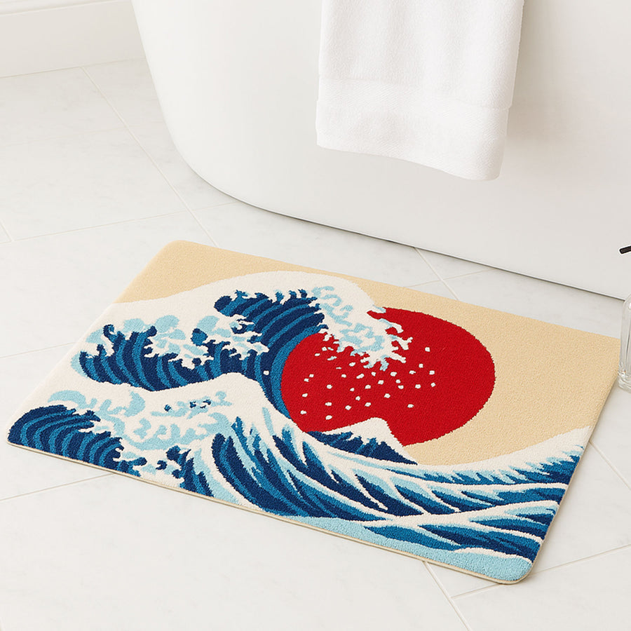 Feblilac Japanese Wave Rectangular Bath Mat – Soft Tufted Rug with Red Sun for Bathroom or Entryway - view 3