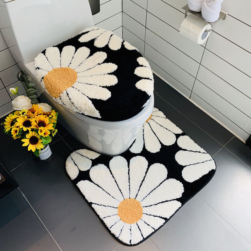 Feblilac Black Bath Mat Set, Flower Floral Bathroom Rug Set, Toilet Cover Mat