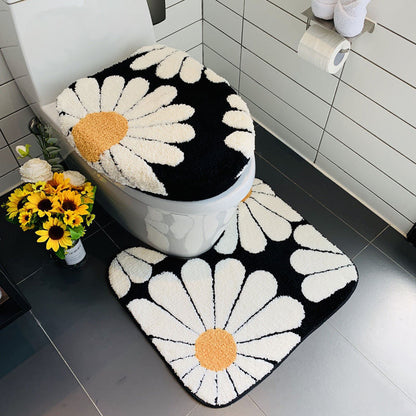 Feblilac Black Bath Mat Set, Flower Floral Bathroom Rug Set, Toilet Cover Mat - view 2