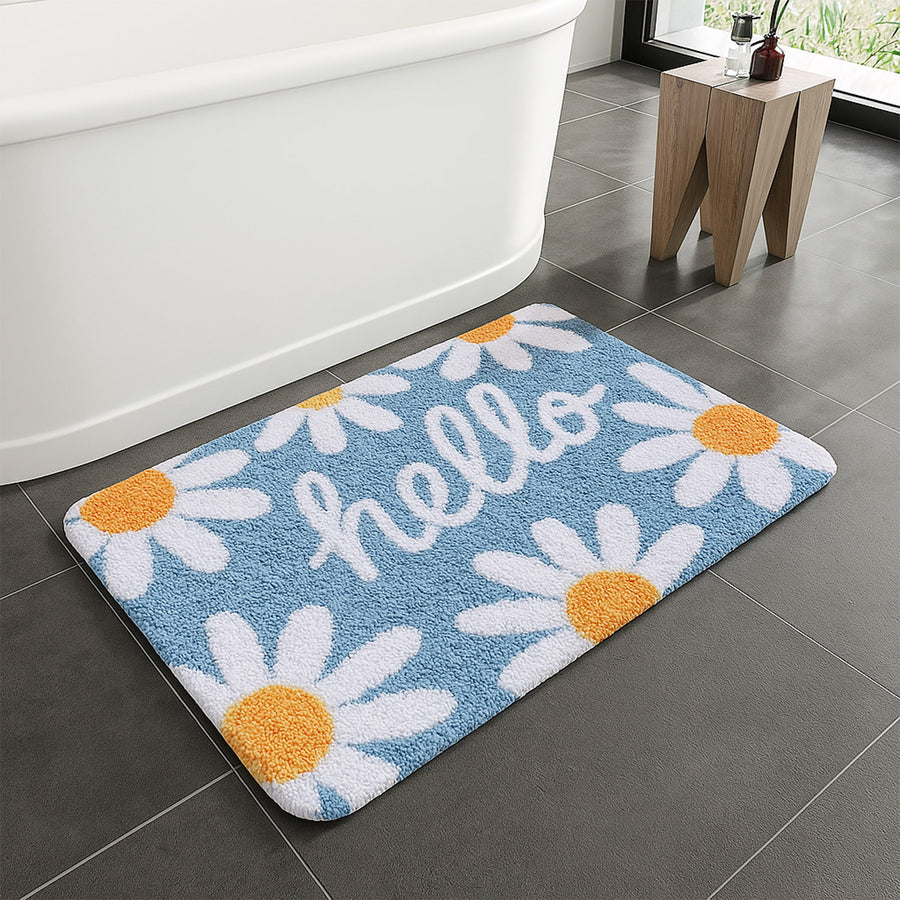 Blue Hello Daisy Bath Mat – Soft Floral Rug for Bathroom