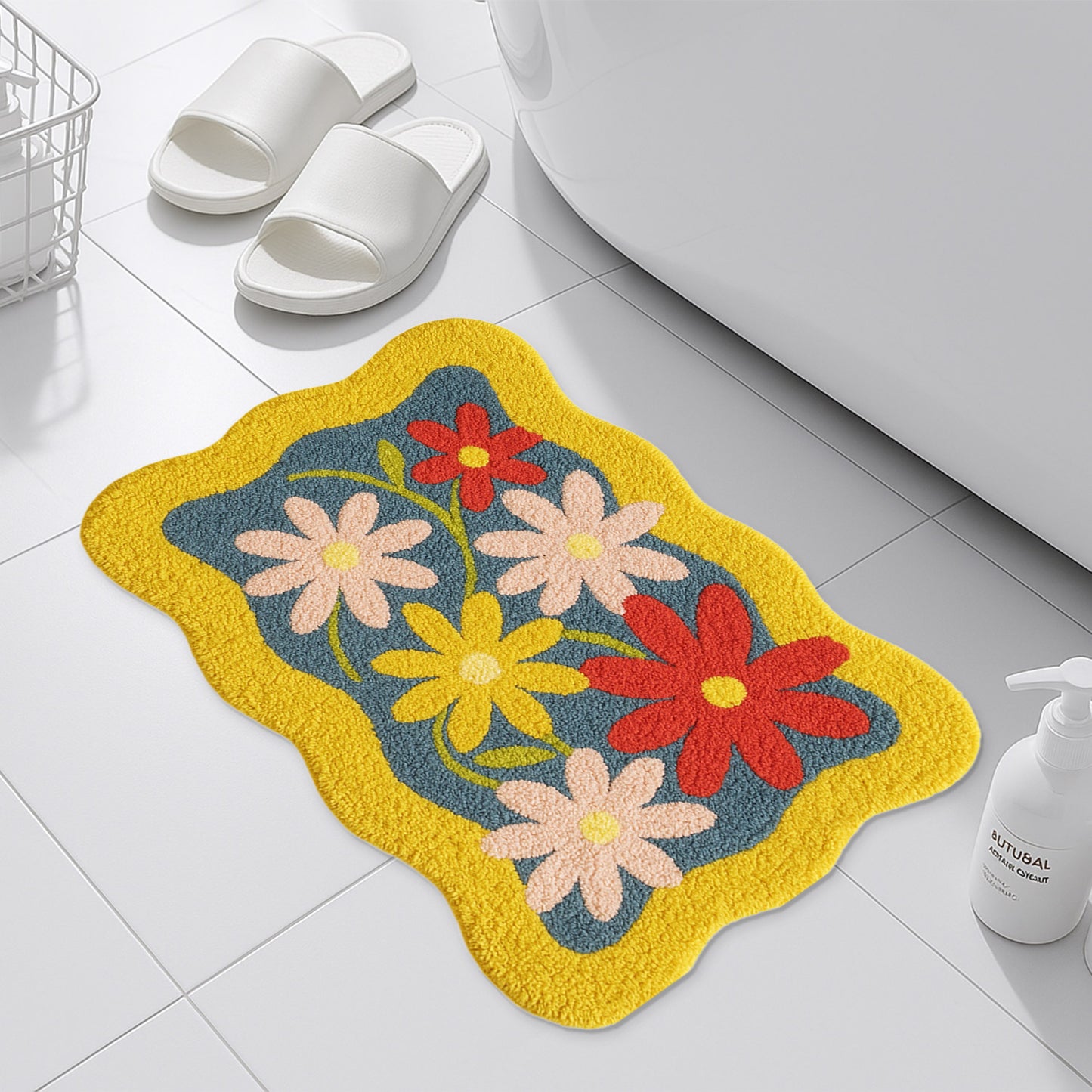 Feblilac Colorful Bloom Tufted Bath Mat – Wavy Edge Floral Design, Bright & Cheerful Bathroom Rug