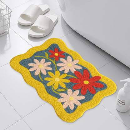 Feblilac Colorful Bloom Tufted Bath Mat – Wavy Edge Floral Design, Bright & Cheerful Bathroom Rug
