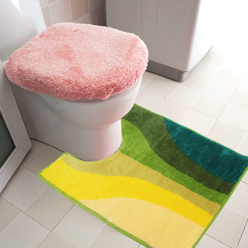 Feblilac Yellow Green Wave Tufted Bathroom Mat Toilet U-Shaped Floor Mat