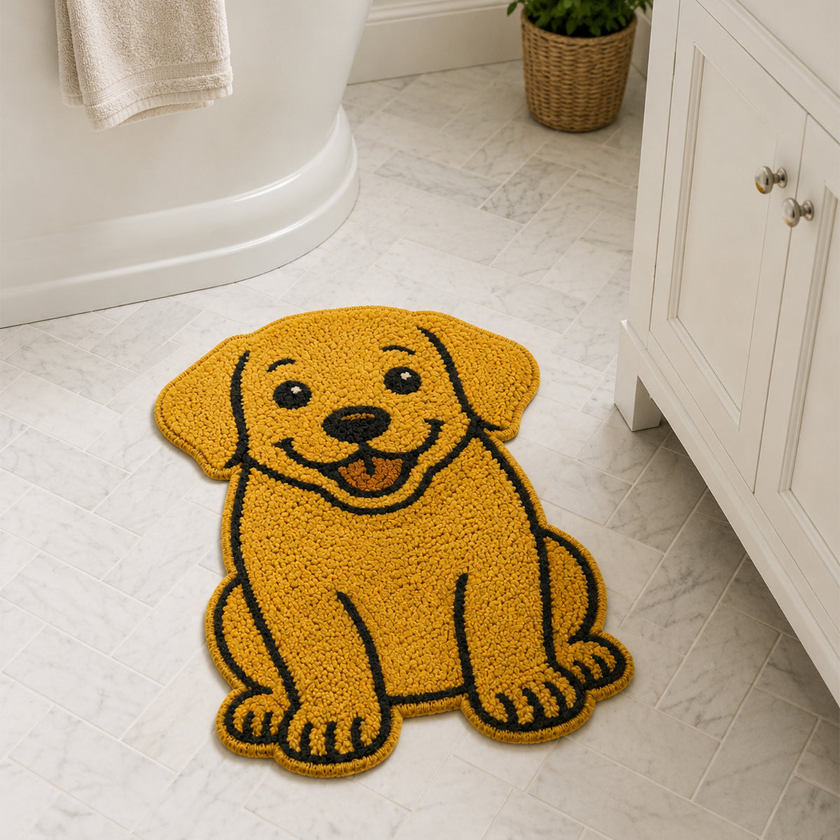 Feblilac Labrador Dog tufted bath mat in front of a bathroom vanity with fresh towels