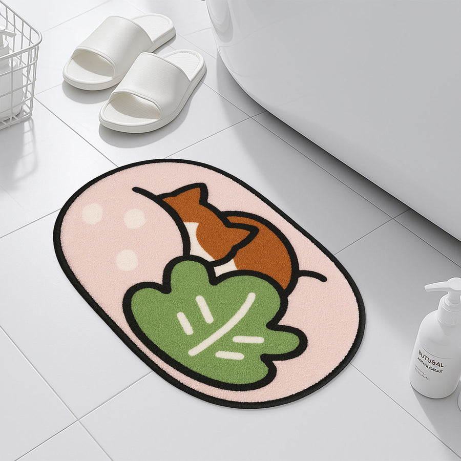 Feblilac Sleeping Cat Bath Mat – Soft Tufted Rug with Leaf & Pink Background - view 4