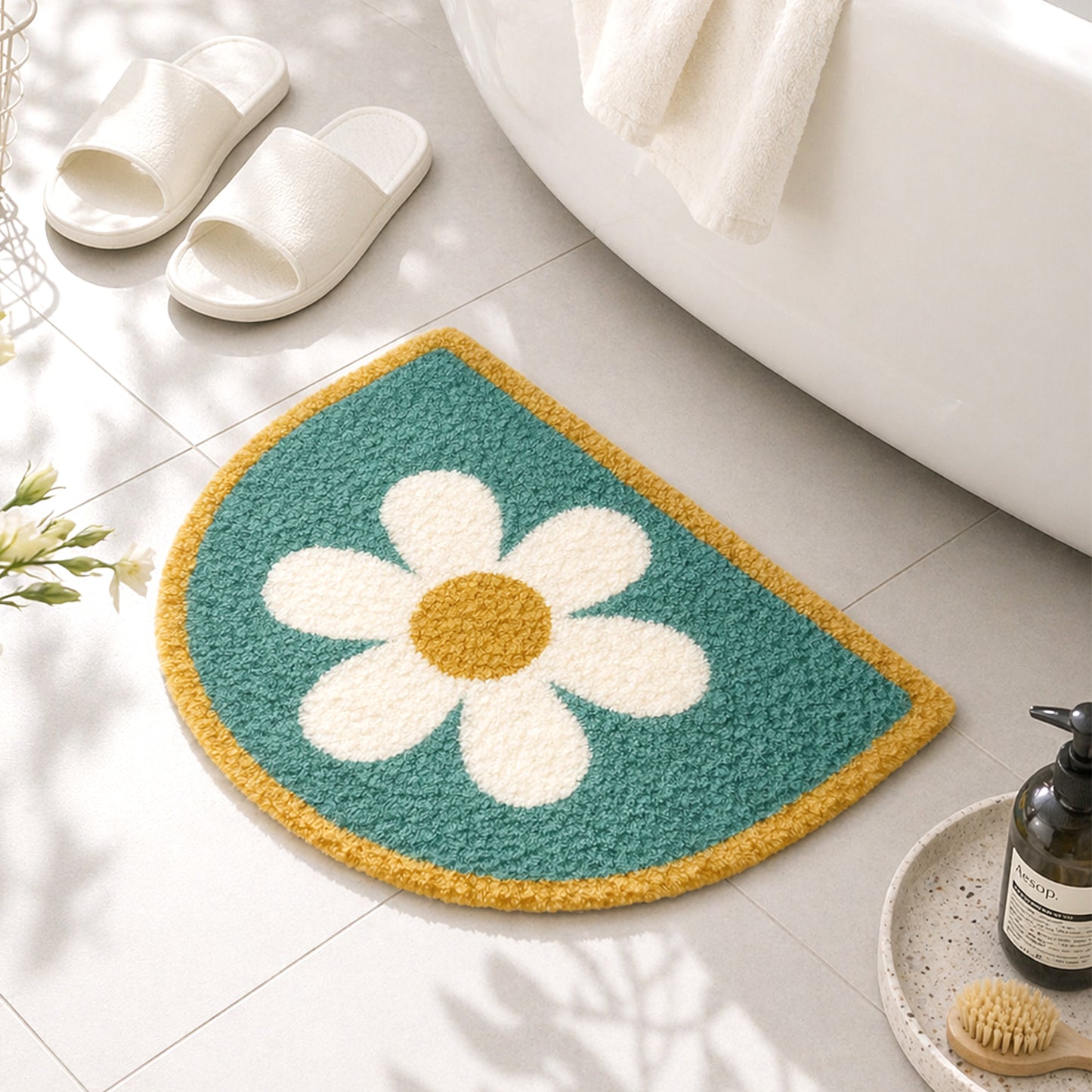 Feblilac Half-Round Daisy Tufted Bath Mat – Soft Absorbent Floral Bathroom Rug