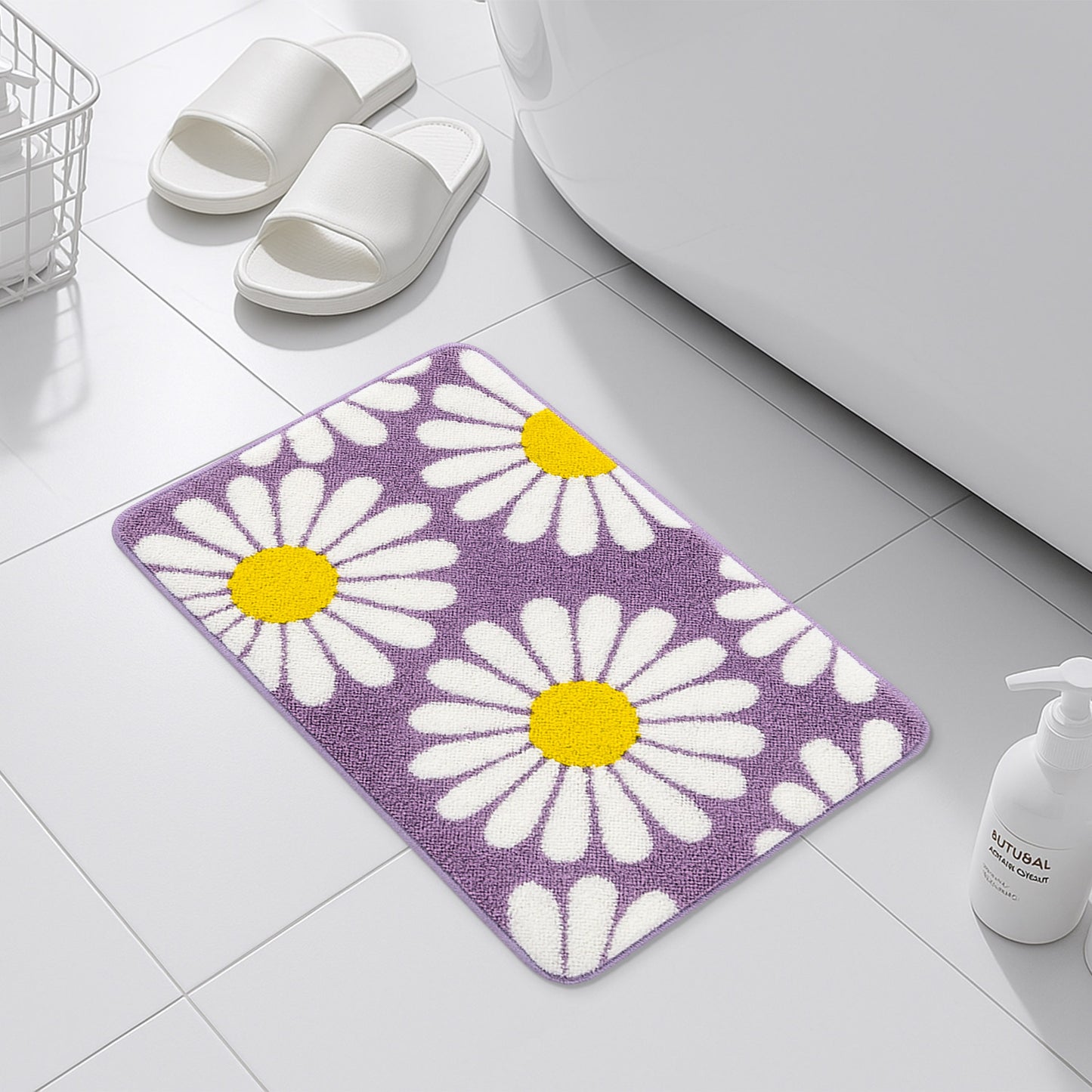 Feblilac Purple Daisy Floral Bath Mat – Soft Non-Slip Absorbent Rug for Bathroom & Entryway