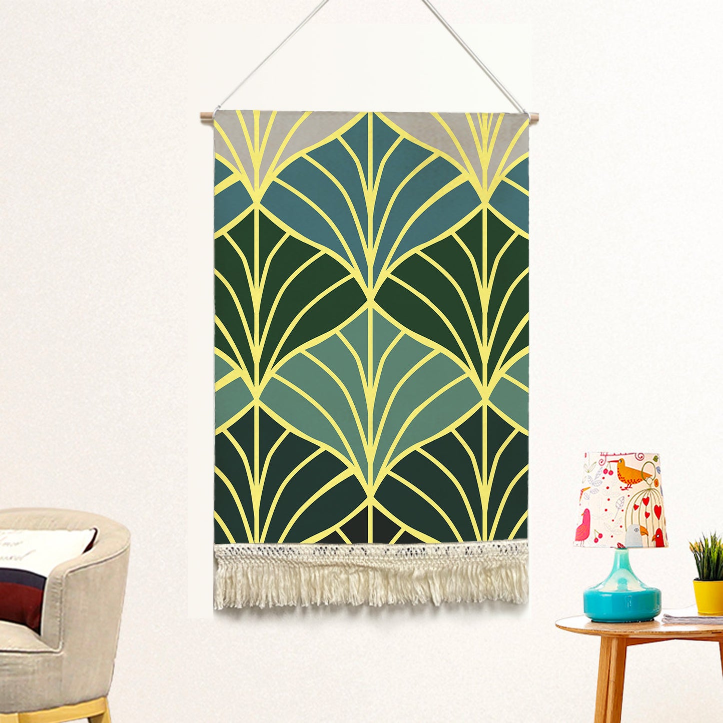 Feblilac Golden Green Ginkgo Leaves Handmade Macrame Hanging Wall Decor Art