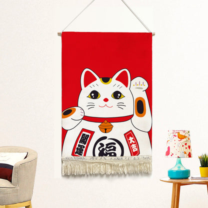 Feblilac Red Lucky Cat Handmade Macrame Hanging Wall Decor Art