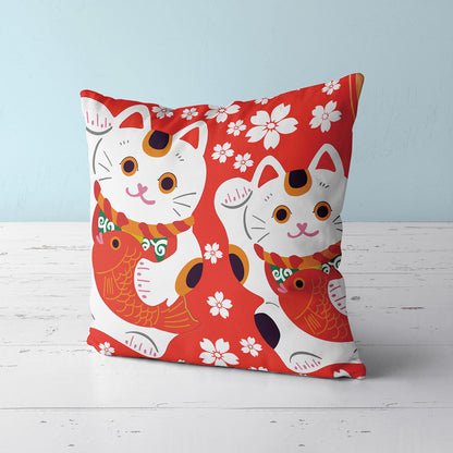 Feblilac Red Background White Sakura Lucky Cat Cushion Covers Throw Pillow Covers