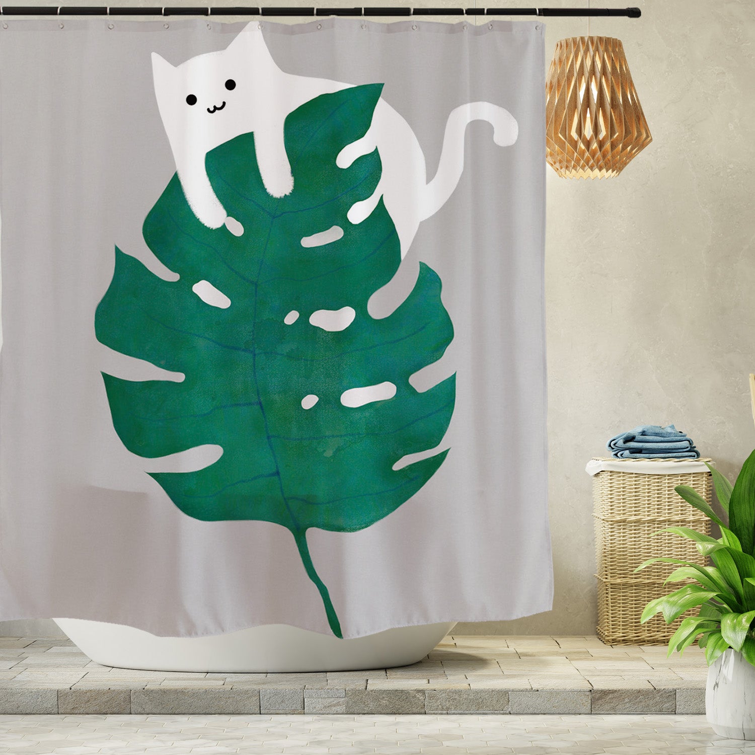 Feblilac Cat and Monstera Shower Curtain with Hooks