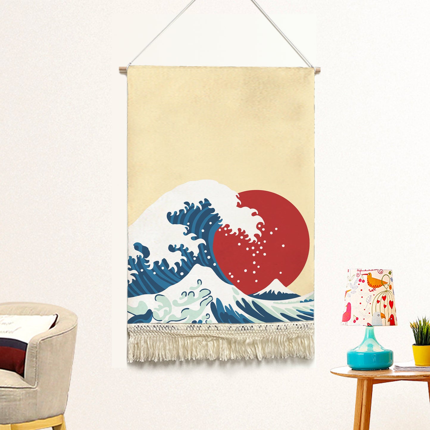 Feblilac Ukiyoe Waves Sunset Handmade Macrame Hanging Wall Decor Art, Woven Tapestry, Wall Decoration @Frank’s design