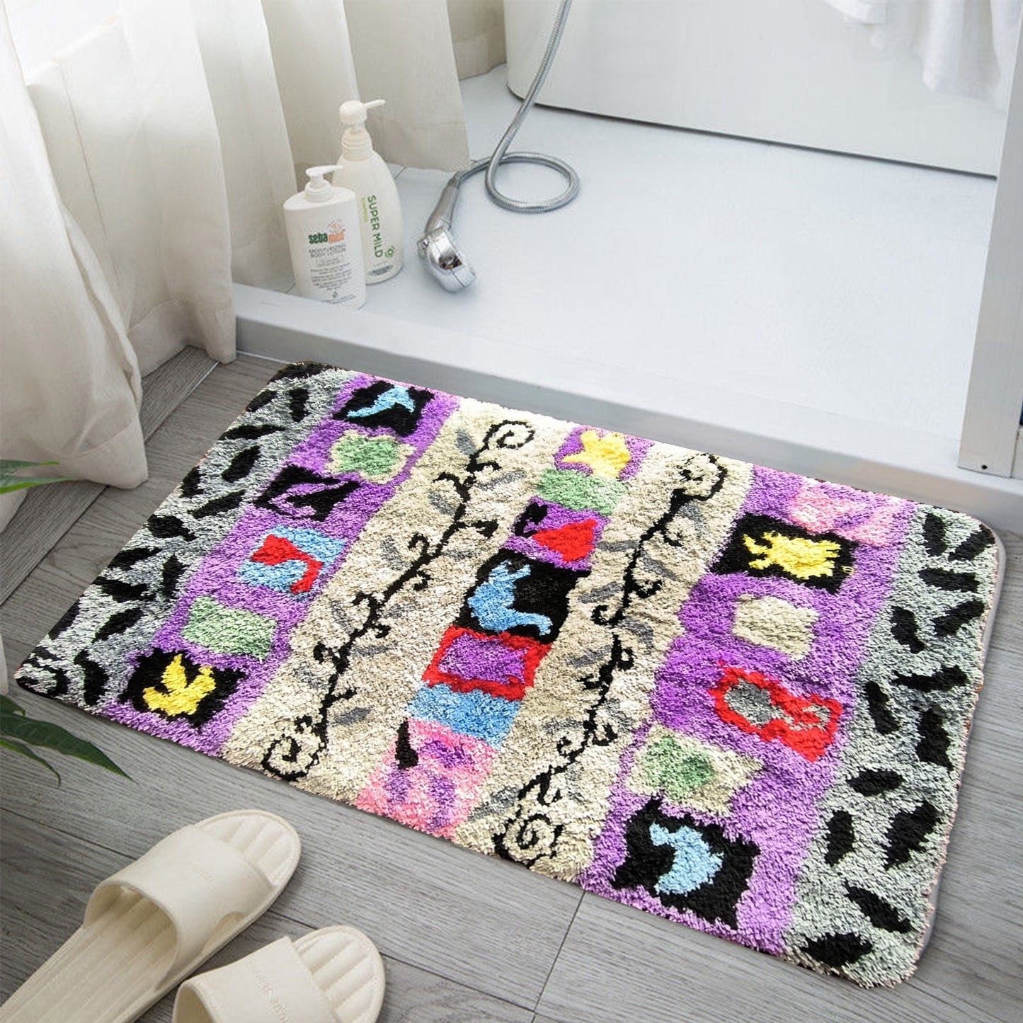 Feblilac Gray and Purple Striped Vines Tufted Bath Mat by Liz Gamberg Studio from US
