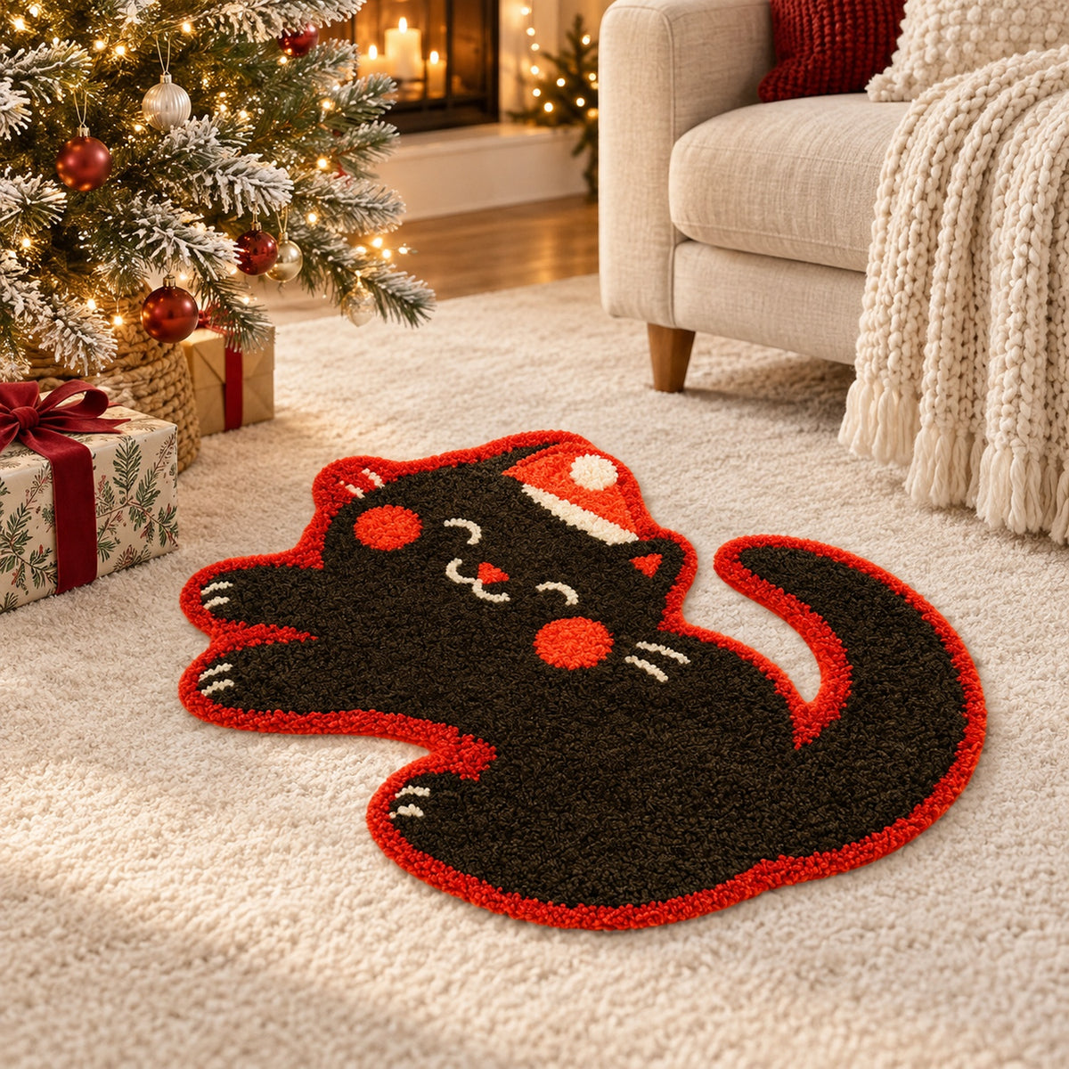 Feblilac Christmas Cat tufted bath mat in front of a bathroom vanity with fresh towels