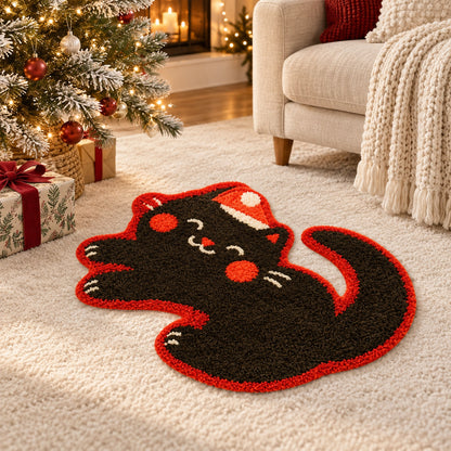 Feblilac Christmas Cat tufted bath mat in front of a bathroom vanity with fresh towels