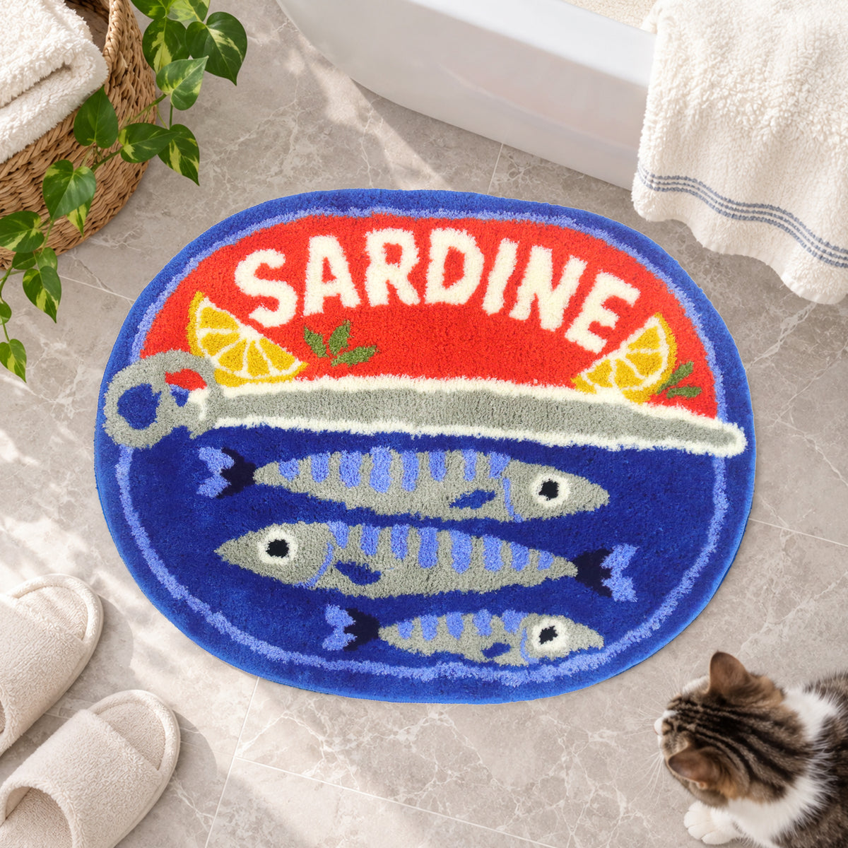 Feblilac Sardine Tin Tufted Bath Mat, Funny Fish Rug