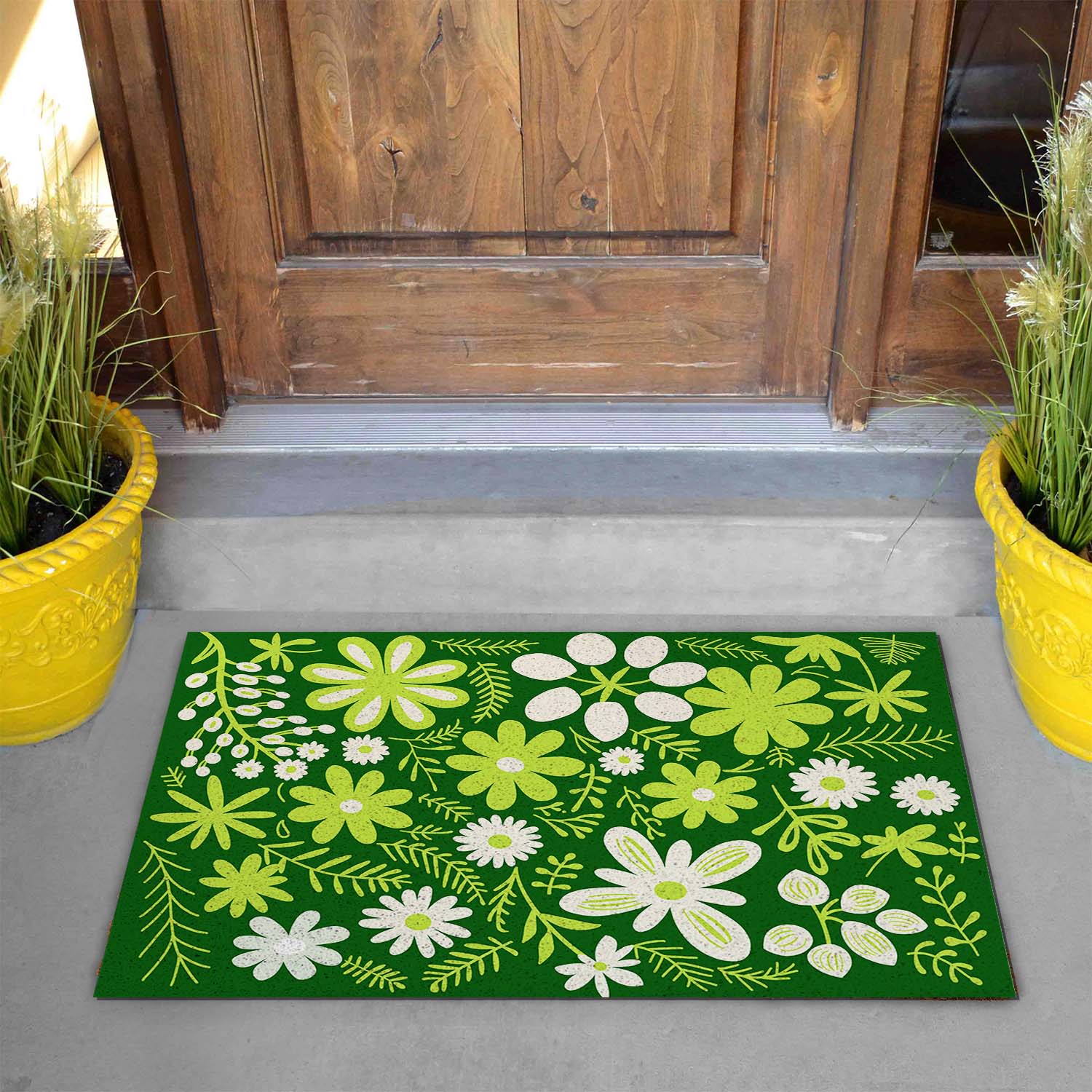 Feblilac Green Flowers PVC Coil Door Mat