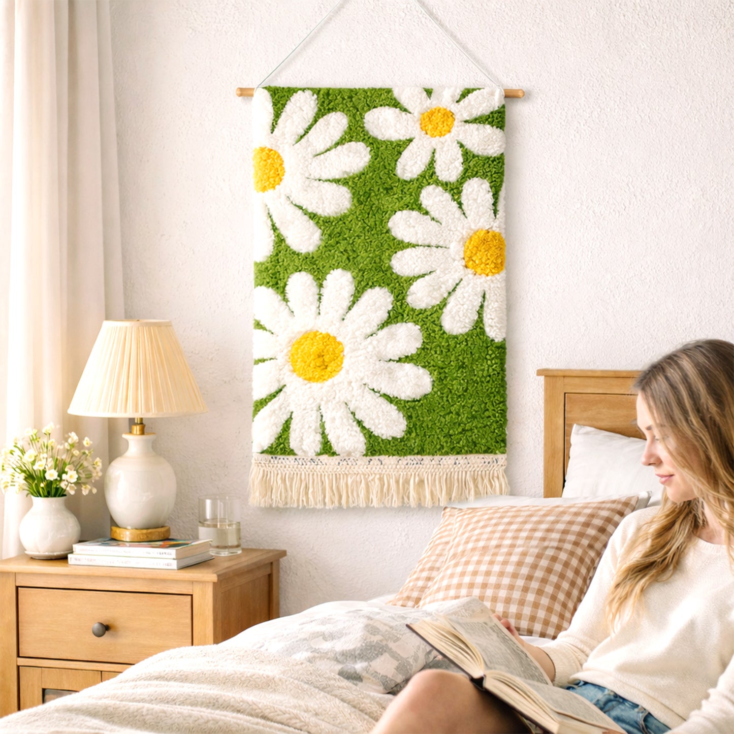 Feblilac Green Daisy Tufted Wall Hanging Tapestry