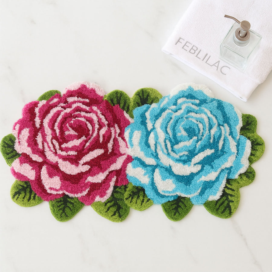Feblilac Two Flowers tufted bath mat in front of a bathroom vanity with fresh towels