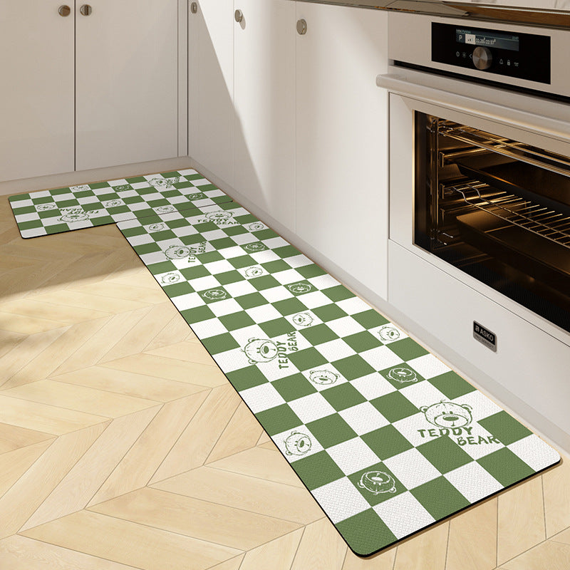 Feblilac Green and White Grid and Teddy Bear PVC Leather Kitchen Mat