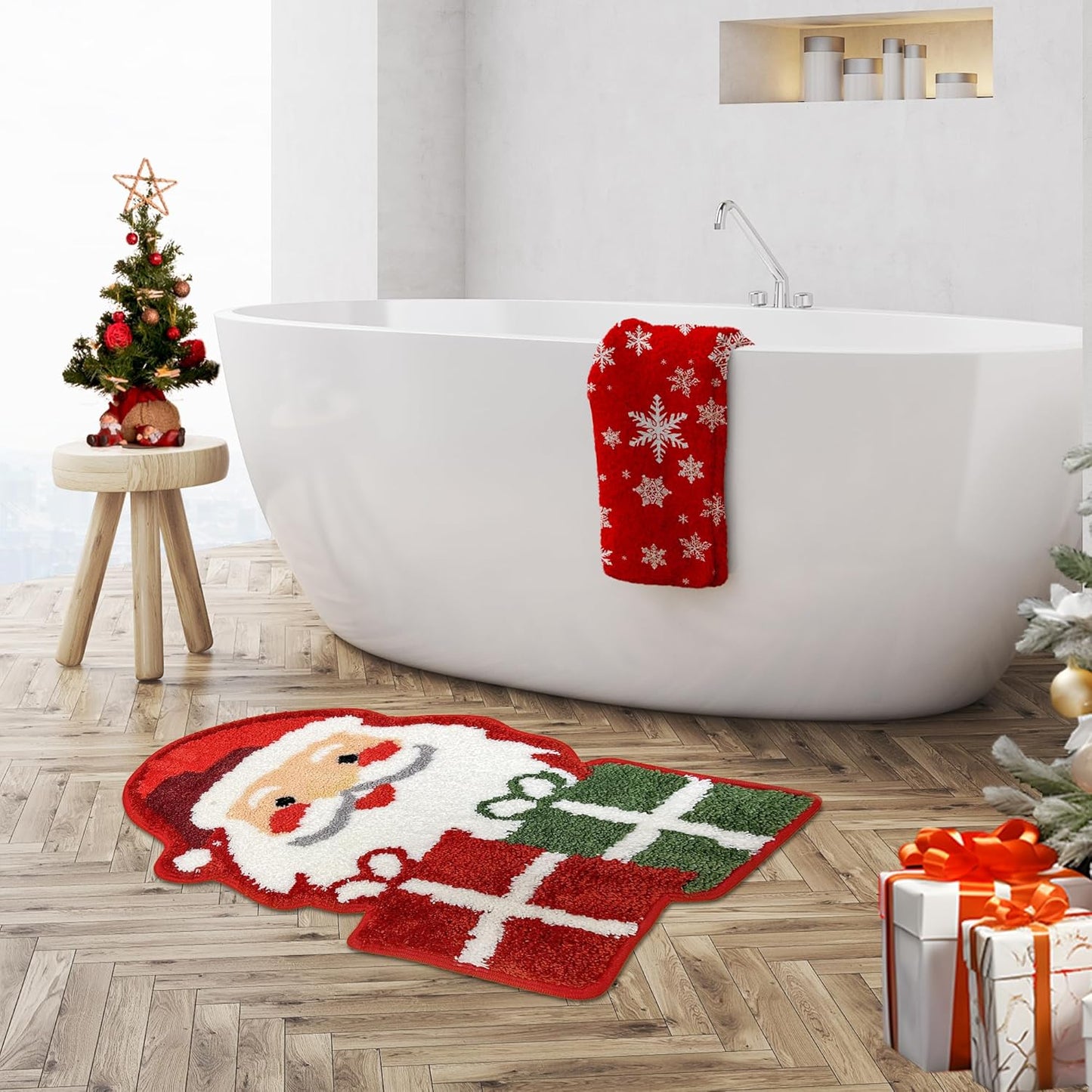 Feblilac Santa Claus Tufted Bath Mat Christmas Non-slip Bathroom Rug