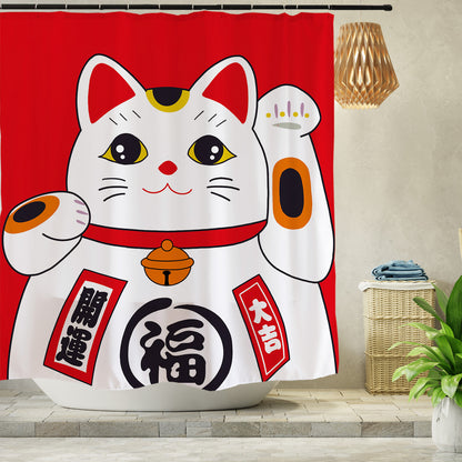 Feblilac Red Lucky Cat Shower Curtain with Hooks