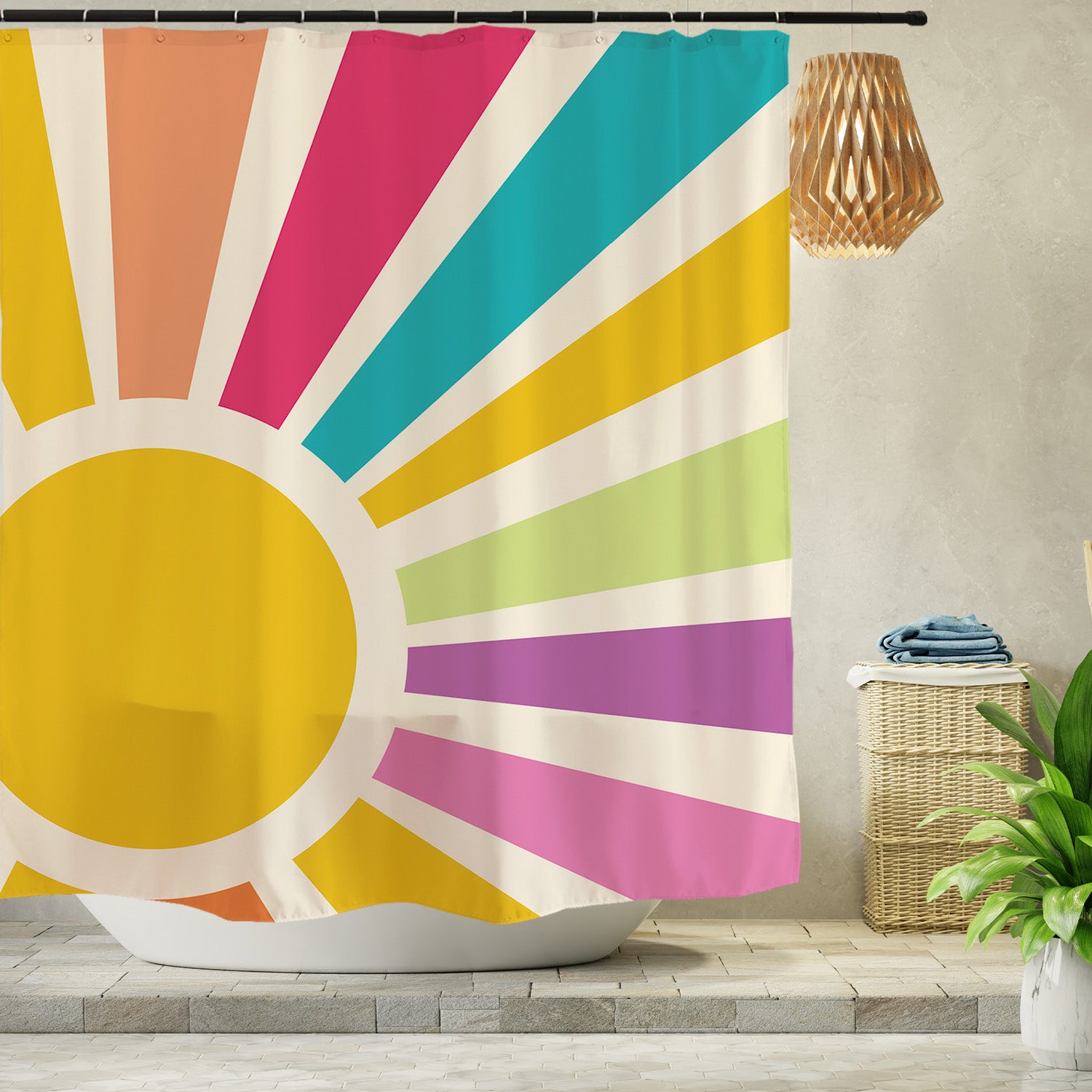 Feblilac Rainbow Sun Rays Shower Curtain with Hooks