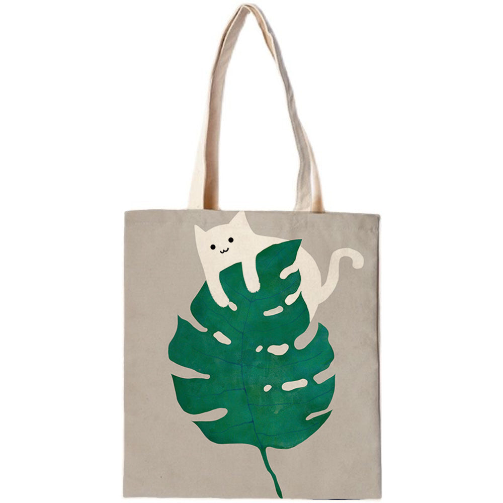 Feblilac Cat and Monstera Canvas Tote Bag