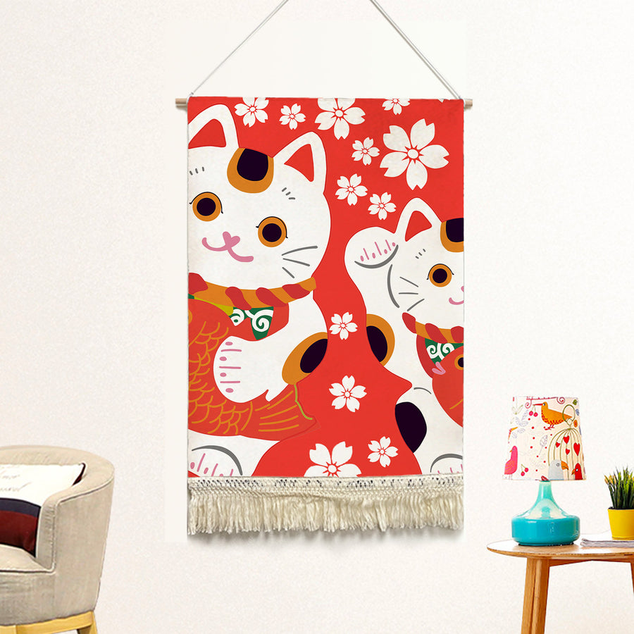 Feblilac Red Background White Sakura Lucky Cat Handmade Macrame Hanging Wall Decor Art - view 2