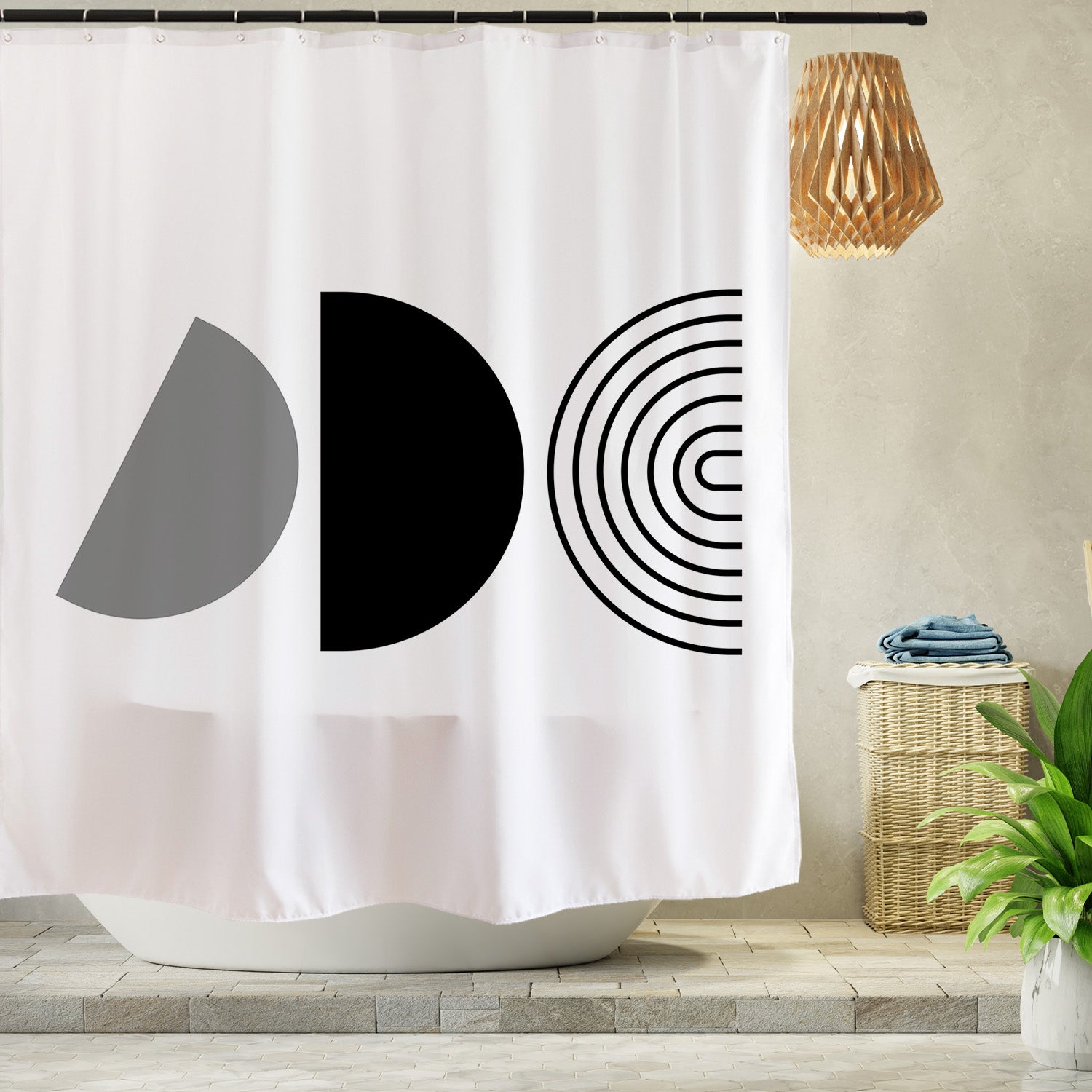 Feblilac Black and White Line Semicircle Shower Curtain with Hooks