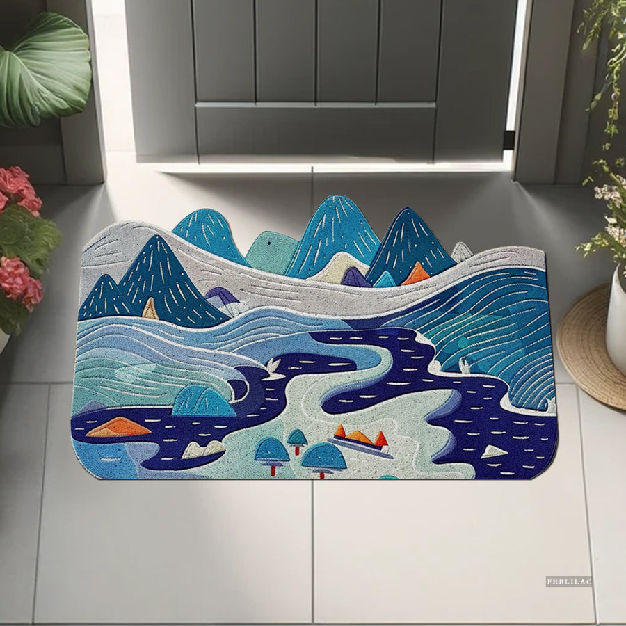 Feblilac Blue Green Mountains and Rivers PVC Coil Door Mat - view 2
