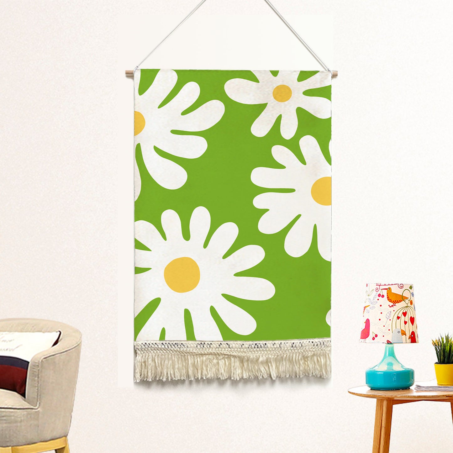 Feblilac Green Background Irregular Daisy Handmade Macrame Hanging Wall Decor Art, Woven Tapestry, Wall Decoration @Frank’s design