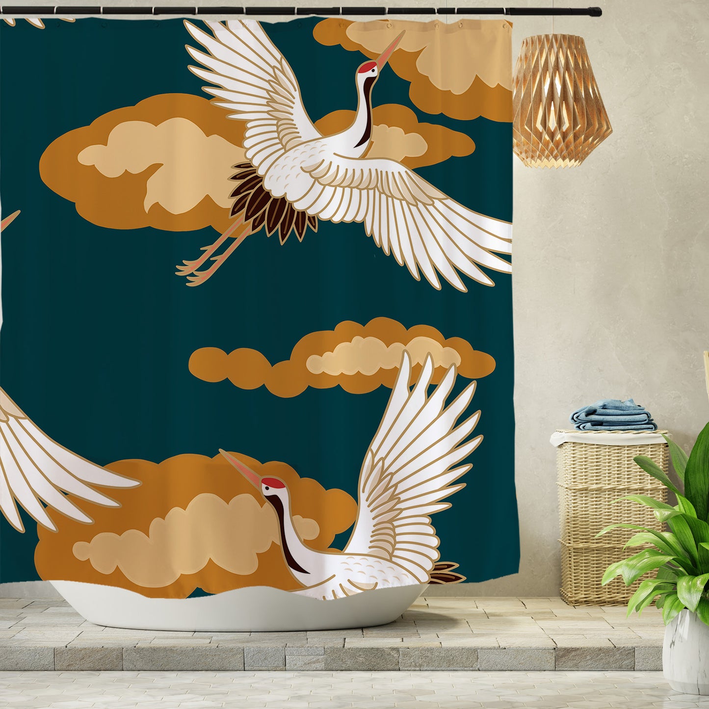 Feblilac Blue Background Crane Shower Curtain with Hooks