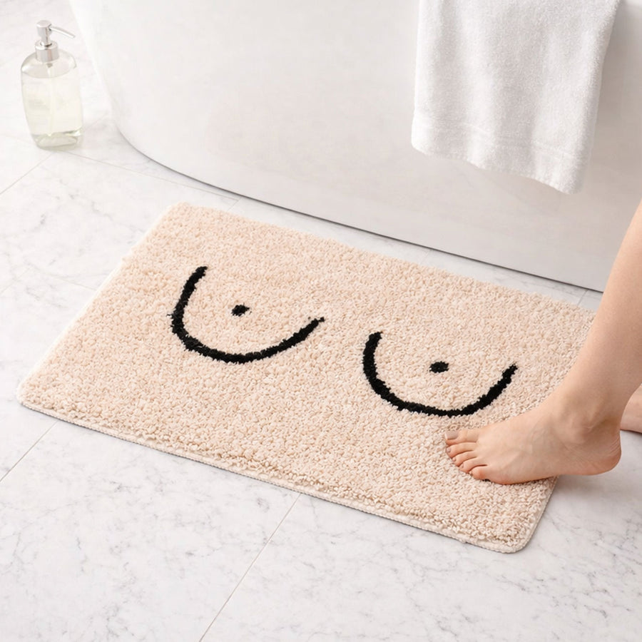 Feblilac Smiley Boobs Bath Mat | Absorbent Non-Slip Bathroom Rug (Cream & Black)