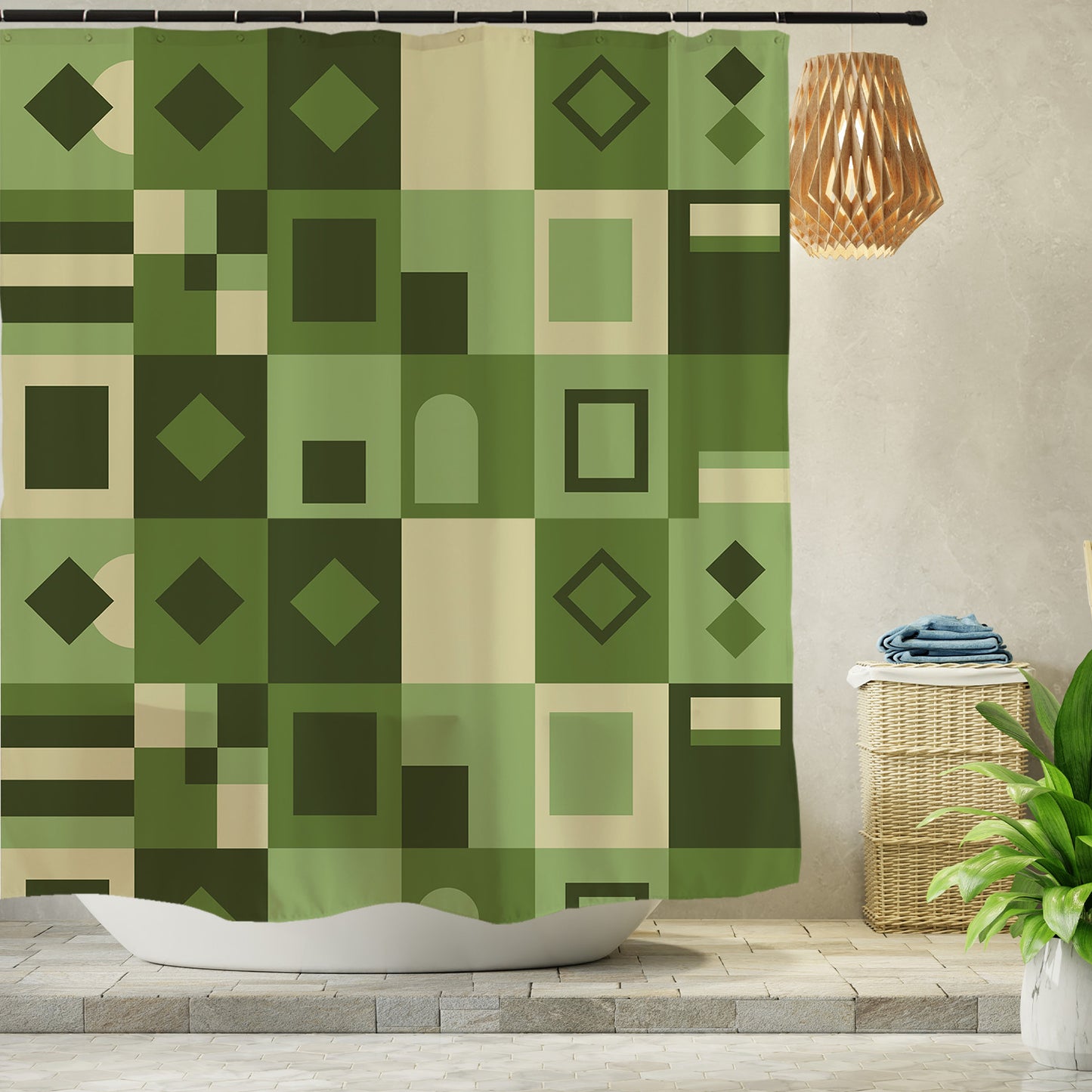 Feblilac Green Geometric Grid Shower Curtain with Hooks