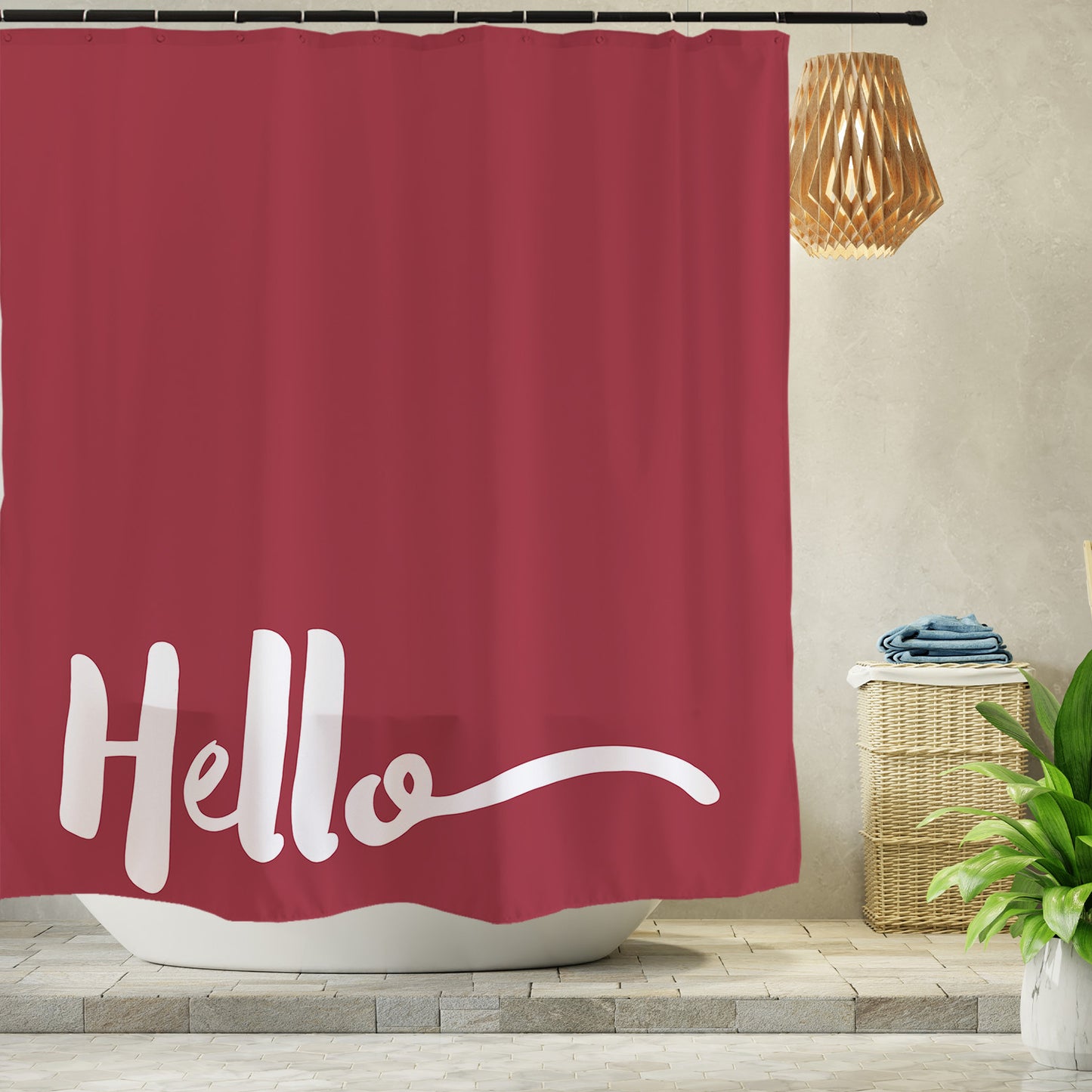 Feblilac Red Background Hello Shower Curtain with Hooks