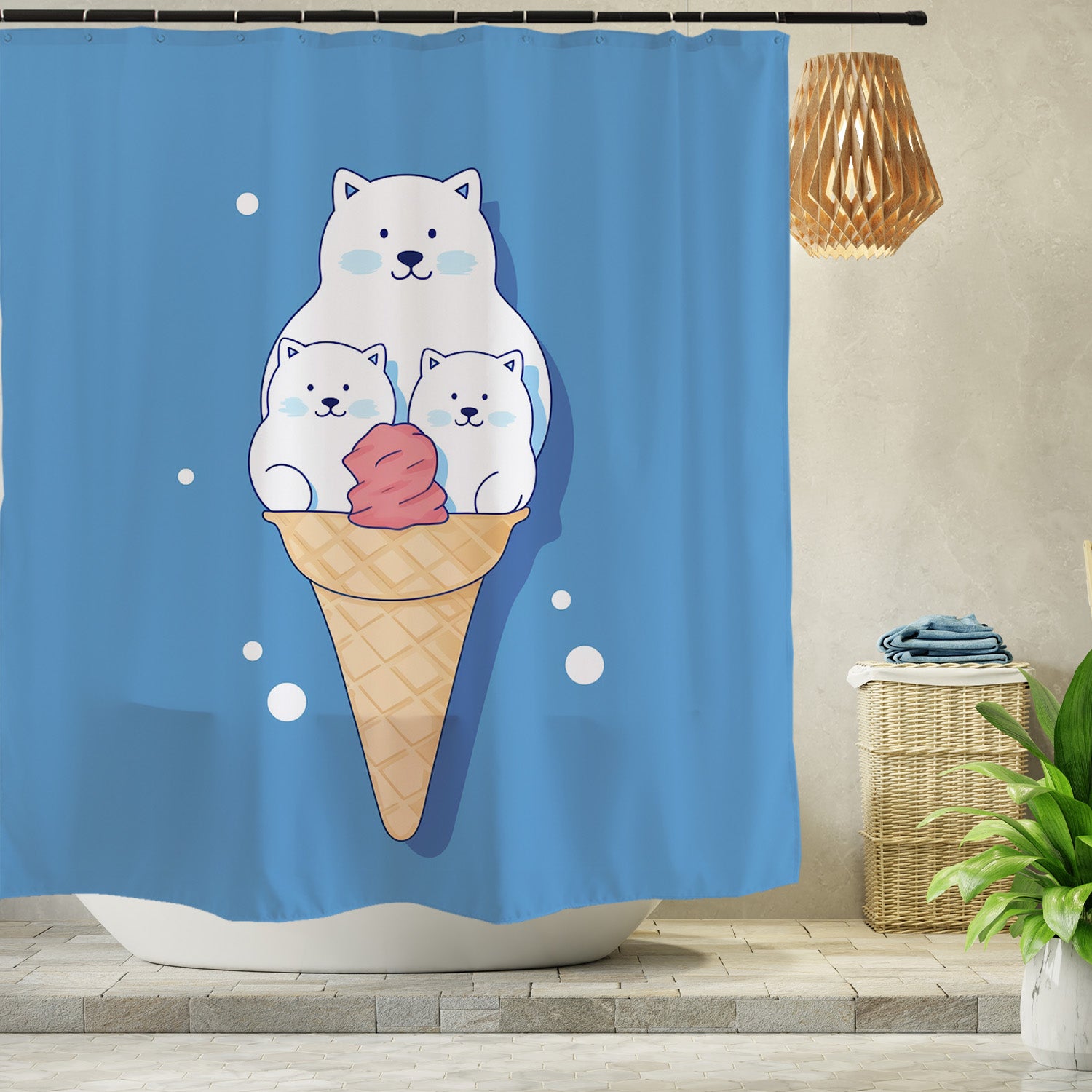 Feblilac White Polar Bear Ice Cream Shower Curtain with Hooks
