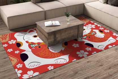 Feblilac Red Background White Sakura Lucky Cat Handmade Tufted Acrylic Livingroom Carpet Area Rug