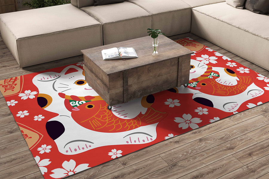Feblilac Red Background White Sakura Lucky Cat Handmade Tufted Acrylic Livingroom Carpet Area Rug - view 2