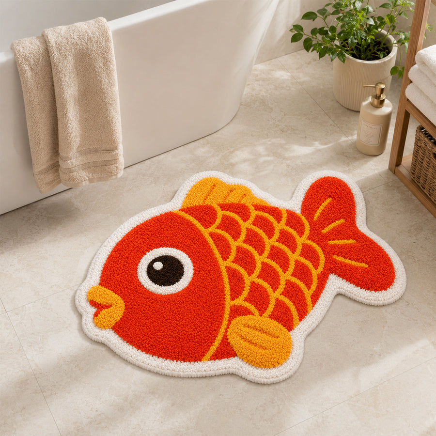 Feblilac Red Orange Fish Tufted Rug – Cute Shaped Bathroom & Entryway Mat